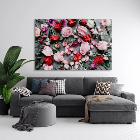 Pembe Kırmızı Güller Cam Tablo 50x35 cm