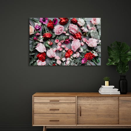 Pembe Kırmızı Güller Cam Tablo 50x35 cm