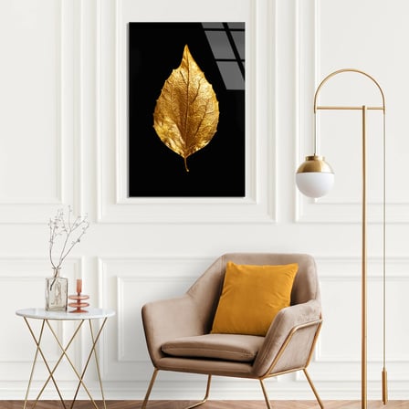 Altın Yaprak Minimal Cam Tablo 35x50 cm