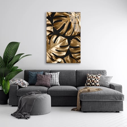 Altın Tropik Yaprak Deseni Cam Tablo 35x50 cm
