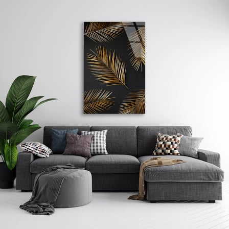 Altın Palmiye Yaprakları Cam Tablo 35x50 cm