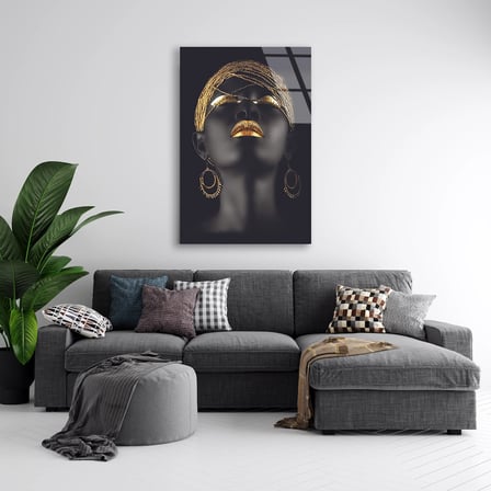 Altın Takılı Siyah Kadın Cam Tablo 35x50 cm