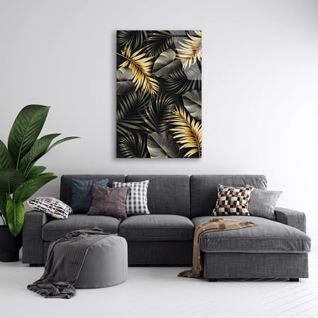 Altın Siyah Palmiye Deseni Cam Tablo 35x50 cm