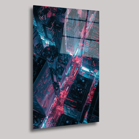 Neon Gece Şehir Manzarası Cam Tablo 35x50 cm