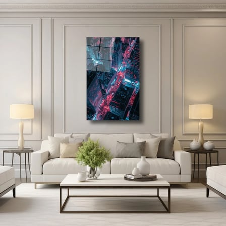 Neon Gece Şehir Manzarası Cam Tablo 35x50 cm
