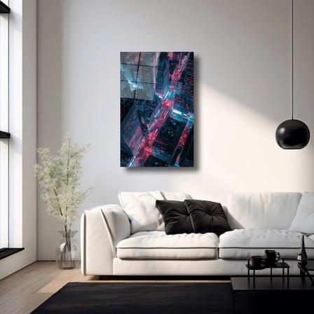 Neon Gece Şehir Manzarası Cam Tablo 35x50 cm