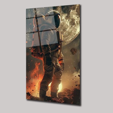 Ay ve Astronot Cam Tablo 35x50 cm