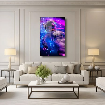 Neon Su İçindeki NASA Astronotu Cam Tablo – Uzay Temalı Duvar Dekoru 35x50 cm