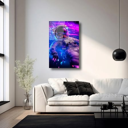 Neon Su İçindeki NASA Astronotu Cam Tablo – Uzay Temalı Duvar Dekoru 35x50 cm