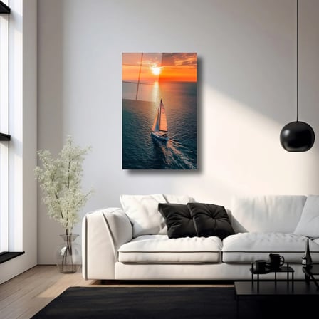 Okyanusta Yelkenli ve Günbatımı Cam Tablo 35x50 cm