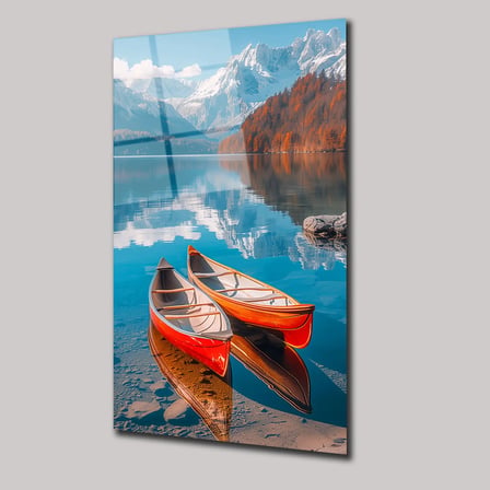 Turuncu Kayıklar ve Manzara Cam Tablo 35x50 cm