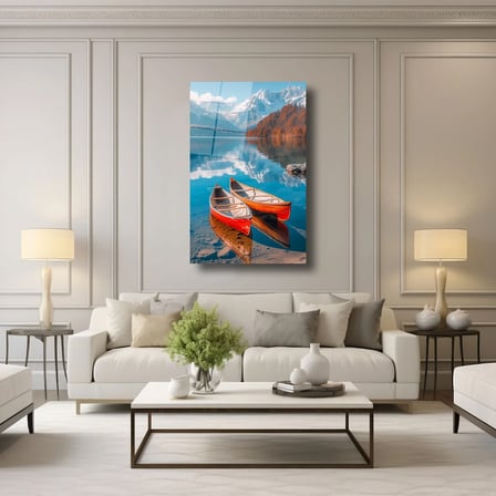 Turuncu Kayıklar ve Manzara Cam Tablo 35x50 cm