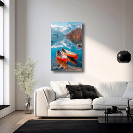 Turuncu Kayıklar ve Manzara Cam Tablo 35x50 cm