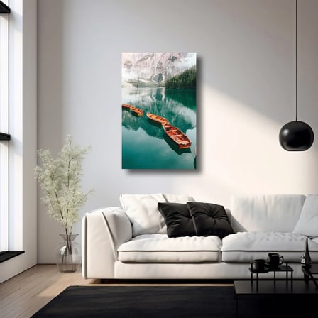 Sıralı Kayıklar ve Karlı Doğa Manzarası Cam Tablo 35x50 cm