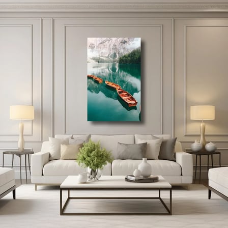 Sıralı Kayıklar ve Karlı Doğa Manzarası Cam Tablo 35x50 cm