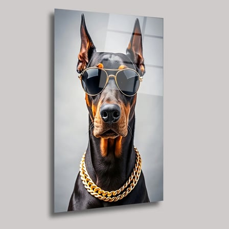 Altın Zincirli Doberman Cam Tablo 35x50 cm