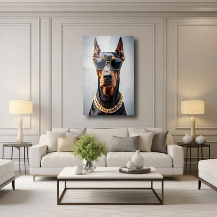 Altın Zincirli Doberman Cam Tablo 35x50 cm