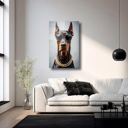 Altın Zincirli Doberman Cam Tablo 35x50 cm