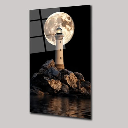 Deniz Feneri ve Ay Manzaralı Cam Tablo 35x50 cm