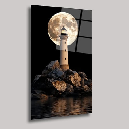 Deniz Feneri ve Ay Manzaralı Cam Tablo 35x50 cm