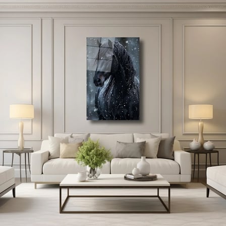 Karlar İçindeki Siyah At Cam Tablo 35x50 cm