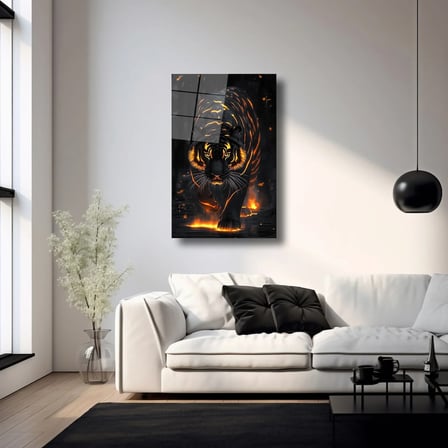 Alevler İçindeki Kaplan Cam Tablo 35x50 cm