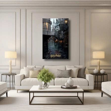Harry Potter Diagon Yolu Cam Tablo – Büyülü Sokak Temalı Duvar Dekoru 60x90 cm