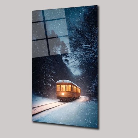 Karlı Gecede Tren Cam Tablo 35x50 cm