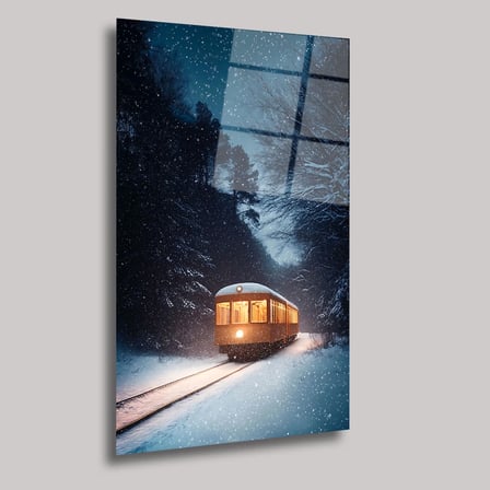 Karlı Gecede Tren Cam Tablo 35x50 cm