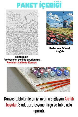 Sayılarla Boyama Çerçeveli Hobi Seti Numaralı Tuval Fırça Boya Dahil Kasnaklı DEĞİRMEN 40X50 Cm
