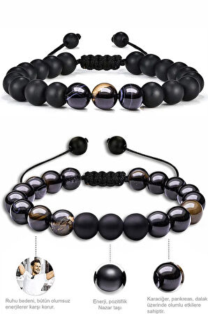 Sertifikalı Doğal Siyah Akik Oniks Taşı Doğal Taş Bileklik Seti