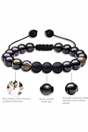 Sertifikalı Doğal Siyah Akik Oniks Taşı Doğal Taş Bileklik Seti