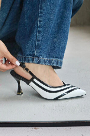 Della Beyaz Siyah Şeritli Arkası Açık Stiletto