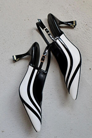 Della Beyaz Siyah Şeritli Arkası Açık Stiletto