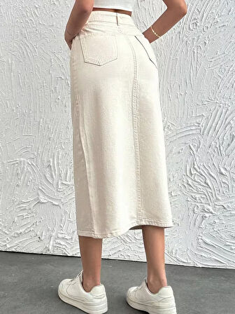 Kadın Yüksek Bel Pamuklu - Likrasız Denim Etek