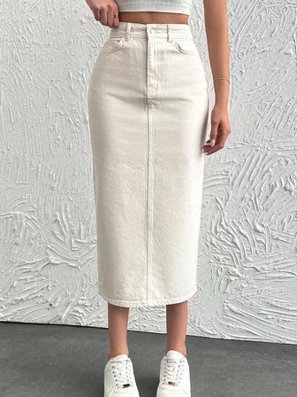 Kadın Yüksek Bel Pamuklu - Likrasız Denim Etek