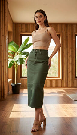 Dema Kadın Pamuklu Haki Denim Etek