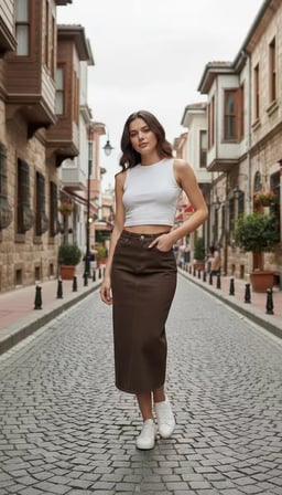 Kadın Pamuklu Kahverengi Denim Etek