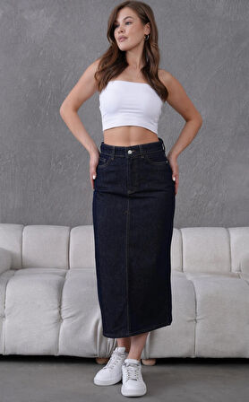 Kadın Yüksek Bel Pamuklu - Likrasız Denim Etek