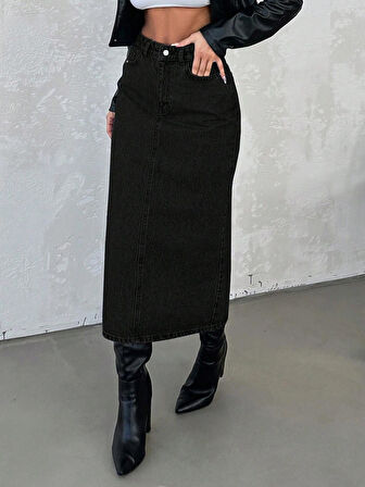 Kadın Yüksek Bel Pamuklu - Likrasız Denim Etek