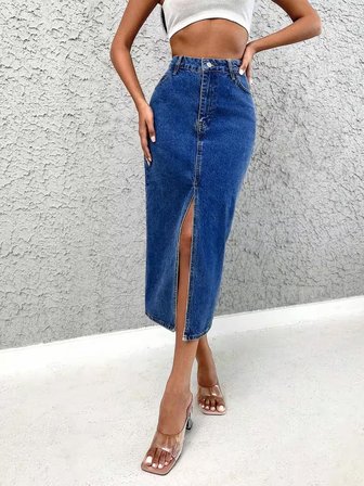 Dema Kadın Denim Esnek Kumaş Yırtmaçlı Uzun Etek