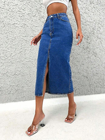 Dema Kadın Denim Esnek Kumaş Yırtmaçlı Uzun Etek