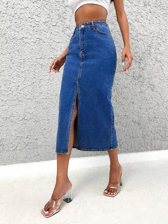 Dema Kadın Denim Esnek Kumaş Yırtmaçlı Uzun Etek