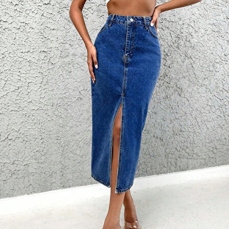 Dema Kadın Denim Esnek Kumaş Yırtmaçlı Uzun Etek