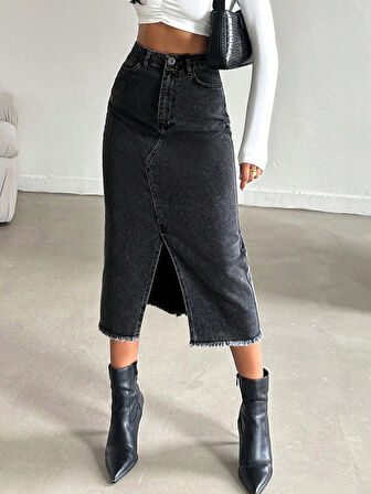 Dema Kadın Denim Pamuklu Yırtmaçlı Uzun Siyah Etek