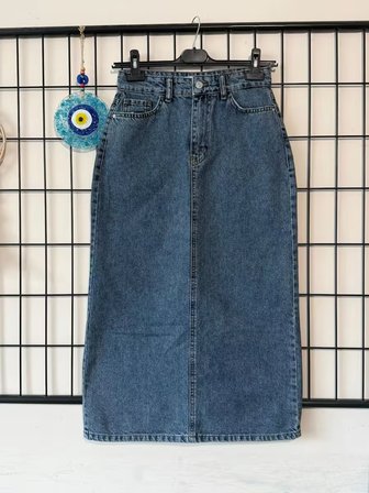 Effectli Yüksek Bel Bilek Boy Denim Etek – Tesettüre Uygun, Düz Kesim, Günlük & Şık Kadın Denim Etek