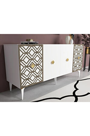 ALİZADH KONSOL 4 KAPAKLI LAZER KESİMLİ BEYAZ (CEVİZ DESEN)