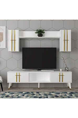 ASELDH TV ÜNİTESİ ve KONSOL 2'Lİ SALON TAKIMI BEYAZ-ALTIN