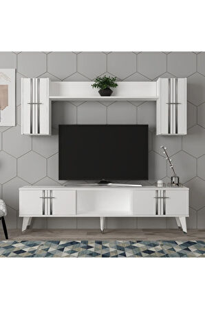 ASELDH TV ÜNİTESİ ve KONSOL 2'Lİ SALON TAKIMI BEYAZ-GÜMÜŞ
