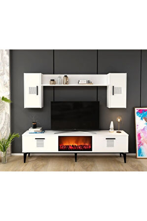 ASİMODH TV ÜNİTESİ ŞÖMİNELİ TAKIM BEYAZ-BEYAZ